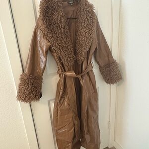 Missguided + Tan Teddy Jacket with Faux Fur Trim